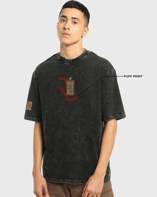 Men's Black Freedom Sounds Graphic Printed Oversized Acid Wash T-shirt