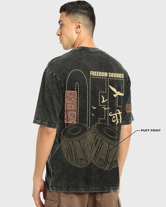 Men's Black Freedom Sounds Graphic Printed Oversized Acid Wash T-shirt