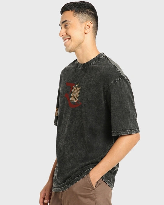 Men's Black Freedom Sounds Graphic Printed Oversized Acid Wash T-shirt