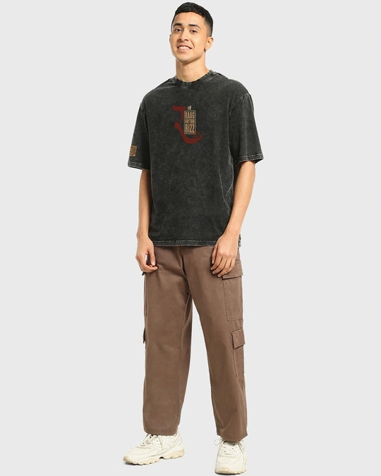 Men's Black Freedom Sounds Graphic Printed Oversized Acid Wash T-shirt