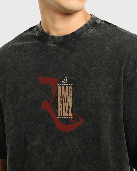 Men's Black Freedom Sounds Graphic Printed Oversized Acid Wash T-shirt