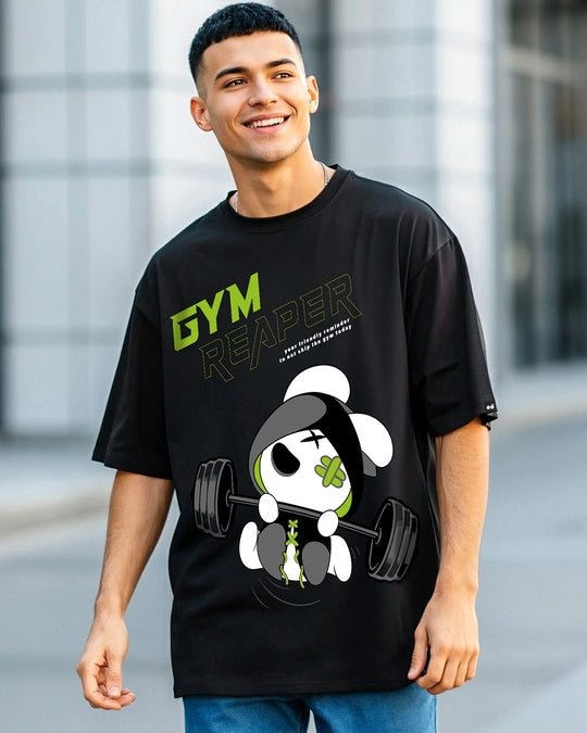 Men's Black Gym Reaper Graphic Printed Oversized T-shirt