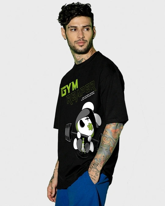 Men's Black Gym Reaper Graphic Printed Oversized T-shirt