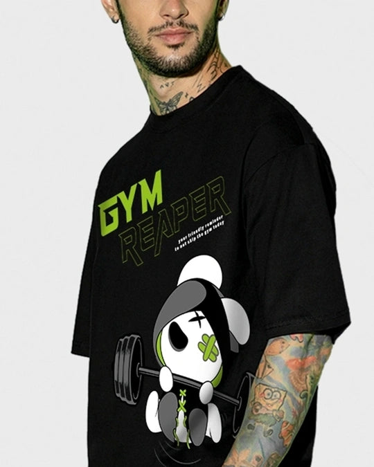 Men's Black Gym Reaper Graphic Printed Oversized T-shirt