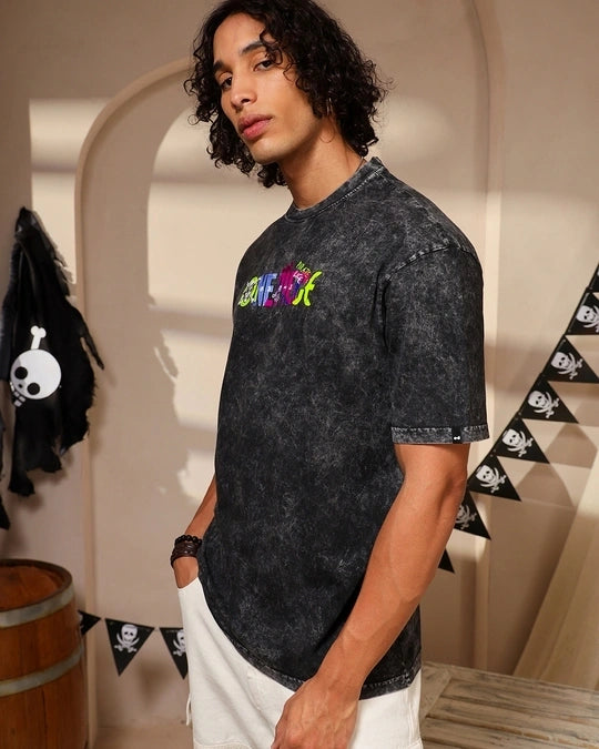 Men's Black One Piece Graphic Printed Oversized Acid Wash T-shirt