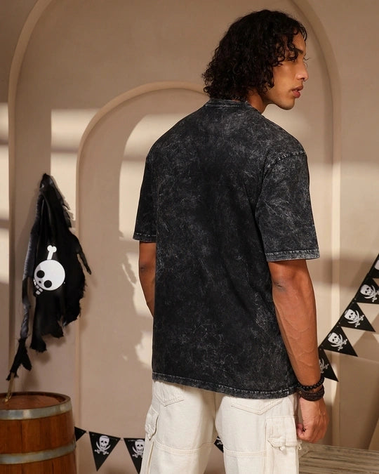 Men's Black One Piece Graphic Printed Oversized Acid Wash T-shirt