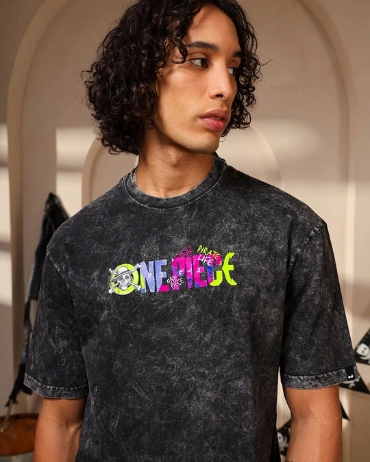 Men's Black One Piece Graphic Printed Oversized Acid Wash T-shirt