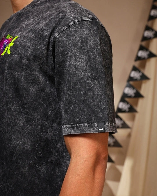 Men's Black One Piece Graphic Printed Oversized Acid Wash T-shirt