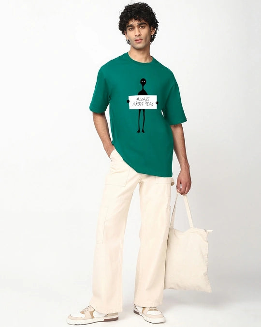 Men's Green Humans Aren't Real Graphic Printed Oversized T-shirt