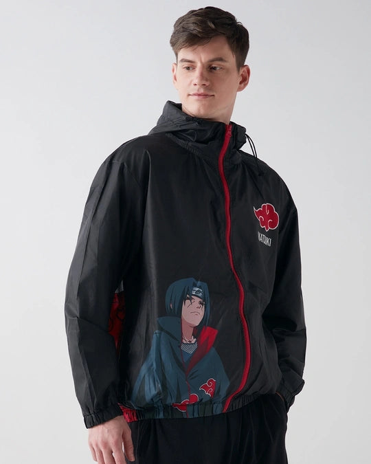 Men's Jet Black Itachi Graphic Printed Oversized Windcheater Jacket