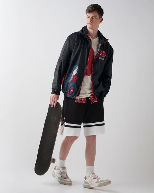 Men's Jet Black Itachi Graphic Printed Oversized Windcheater Jacket