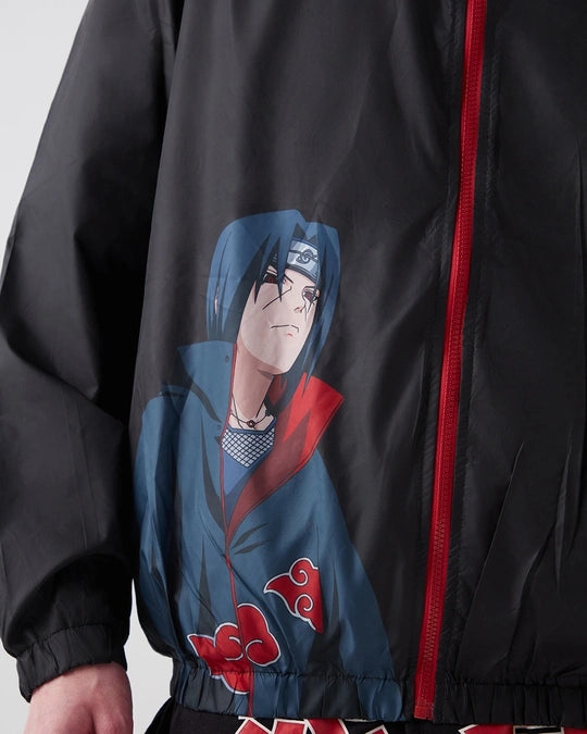 Men's Jet Black Itachi Graphic Printed Oversized Windcheater Jacket