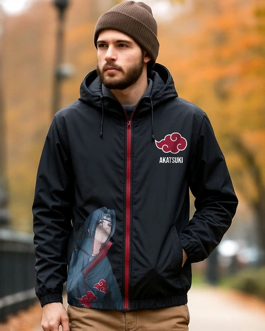 Men's Jet Black Itachi Graphic Printed Oversized Windcheater Jacket