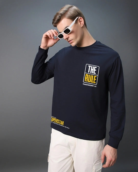 Men's Navy Blue 'Icon star' The Rule Graphic Printed Oversized T-shirt