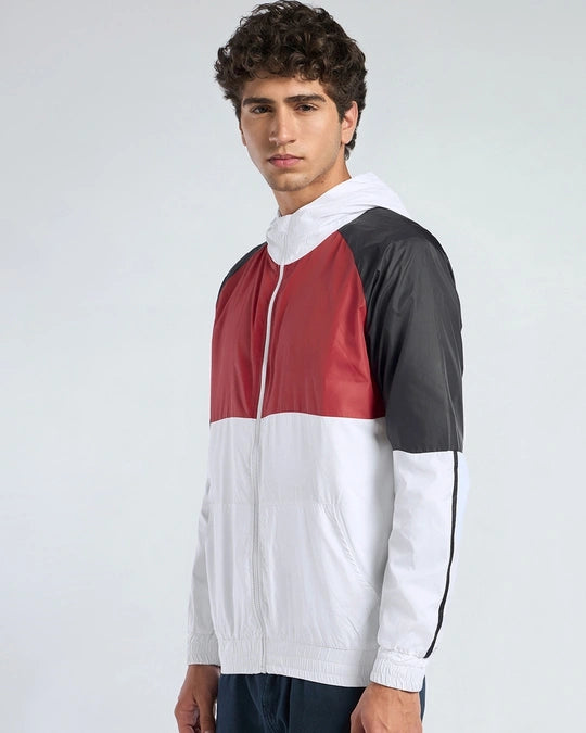 Men's White & Red Color Block Hooded Windcheater Jacket