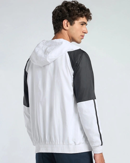 Men's White & Red Color Block Hooded Windcheater Jacket