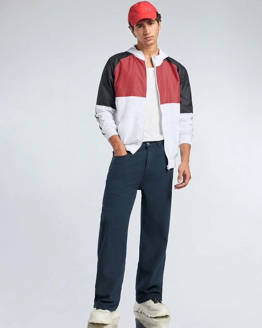 Men's White & Red Color Block Hooded Windcheater Jacket