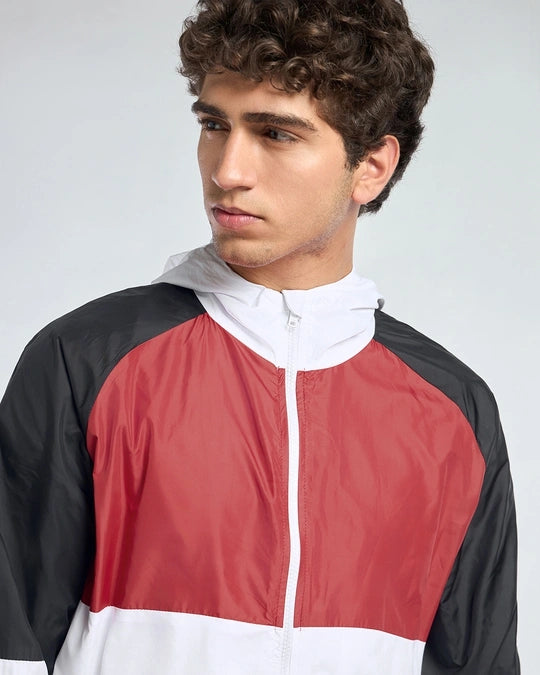 Men's White & Red Color Block Hooded Windcheater Jacket
