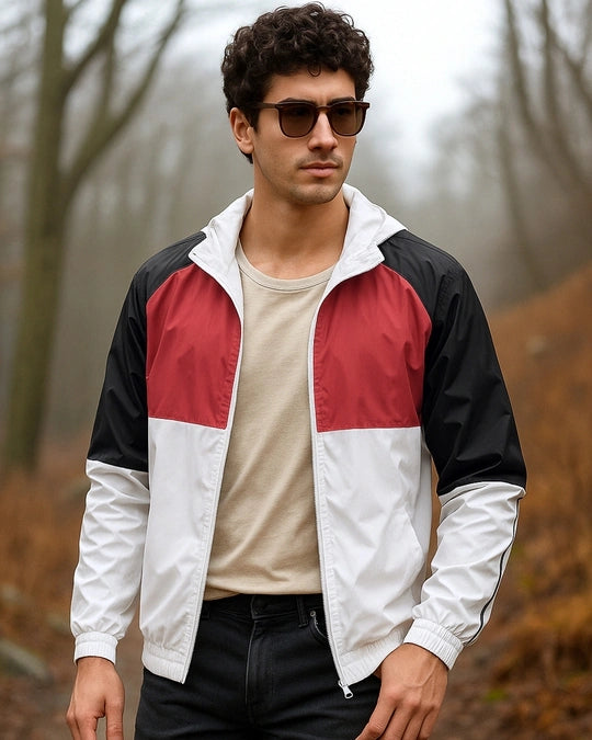 Men's White & Red Color Block Hooded Windcheater Jacket