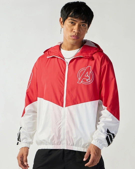 Men's White & Red Iron Man Graphic Printed Oversized Windcheater Jacket