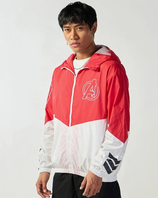 Men's White & Red Iron Man Graphic Printed Oversized Windcheater Jacket