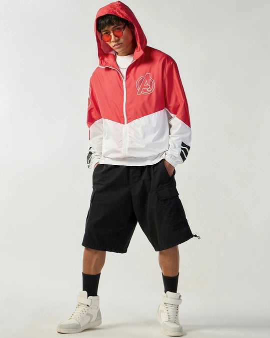 Men's White & Red Iron Man Graphic Printed Oversized Windcheater Jacket