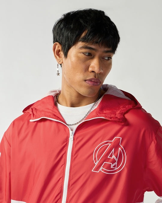 Men's White & Red Iron Man Graphic Printed Oversized Windcheater Jacket