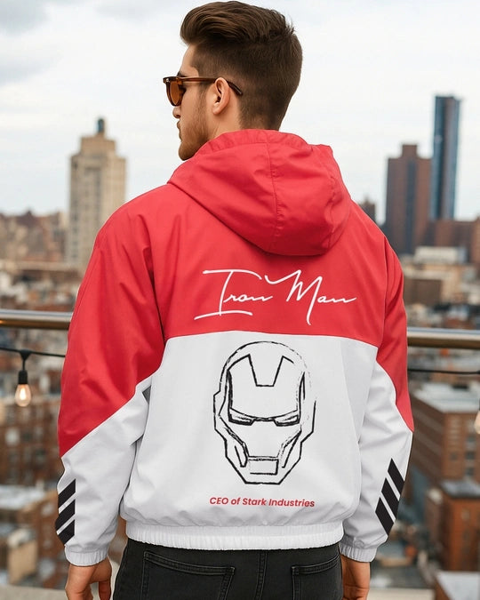Men's White & Red Iron Man Graphic Printed Oversized Windcheater Jacket